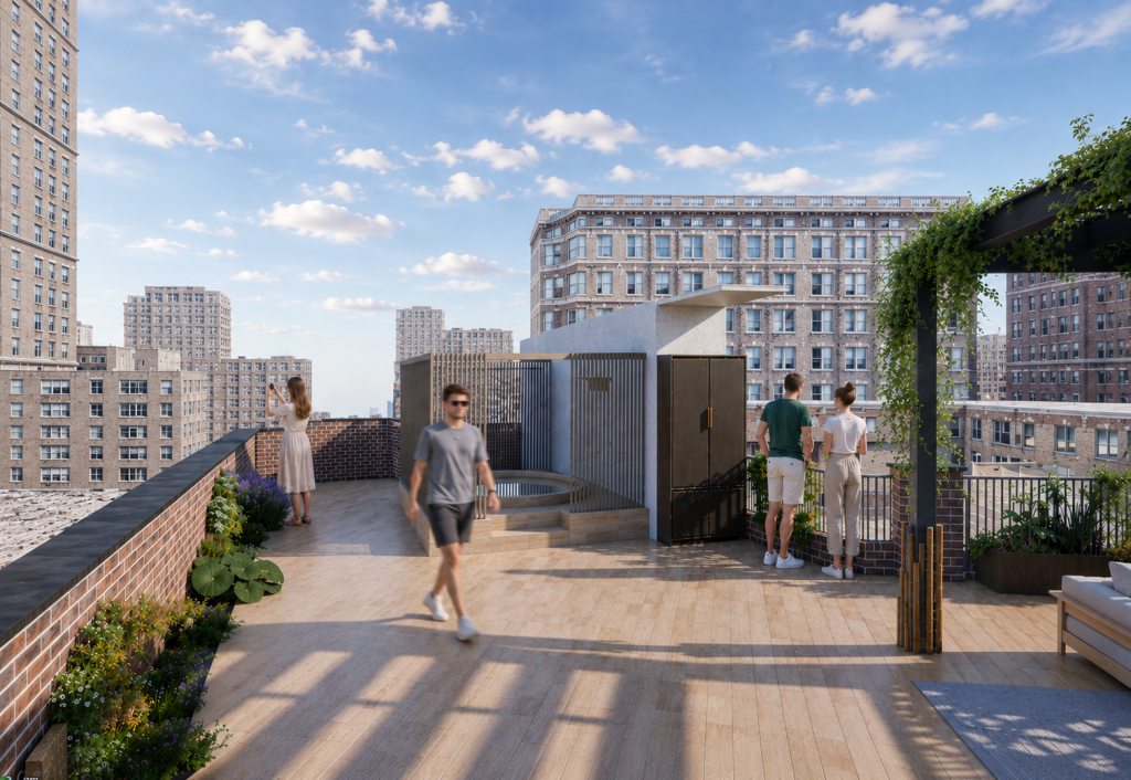 Winning rooftop design showing an enclosed hot tub with views across Nottingham