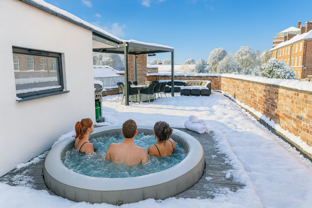 Guests relaxing in the rooftop hot tub overlooking Nottingham Castle in the snow