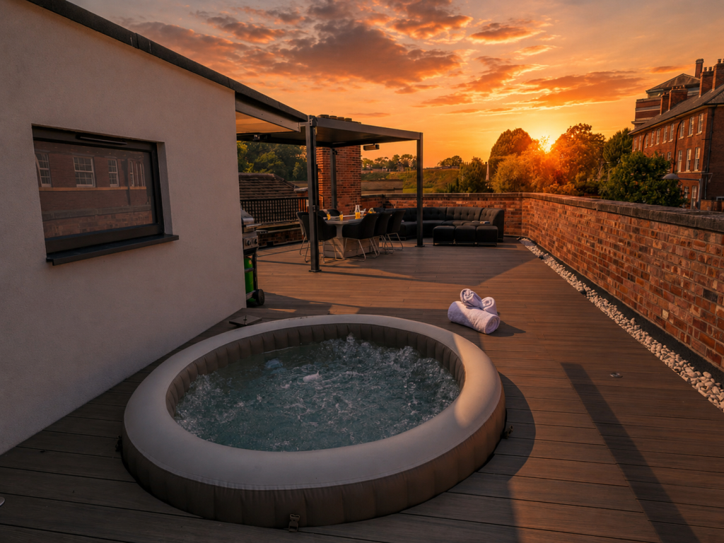 Rooftop hot tub at sunset overlooking Nottingham Castle and the city skyline